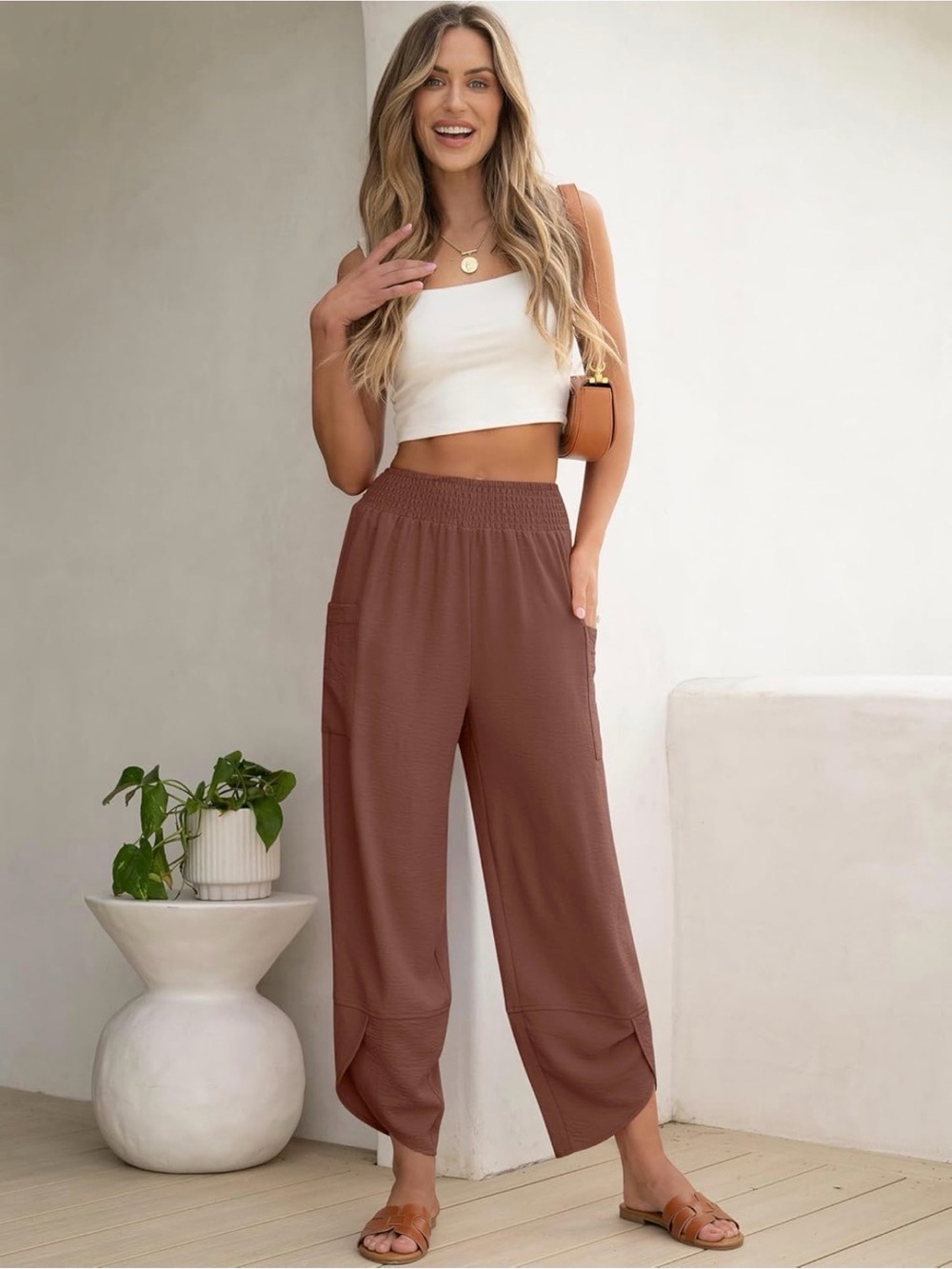 Women's Brown Elastic Waist Wide-Leg Pants - Picture 2 of 6